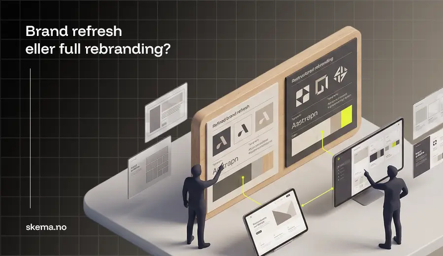 Illustration comparing brand refresh and full rebranding as strategic business decisions
