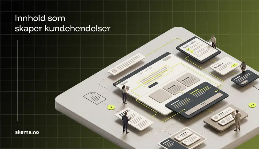 Isometrisk illustrasjon av mennesker som jobber med innhold, tekst og konvertering på nettsider, med skjermer, tekstblokker og sammenkoblede brukerflyter.