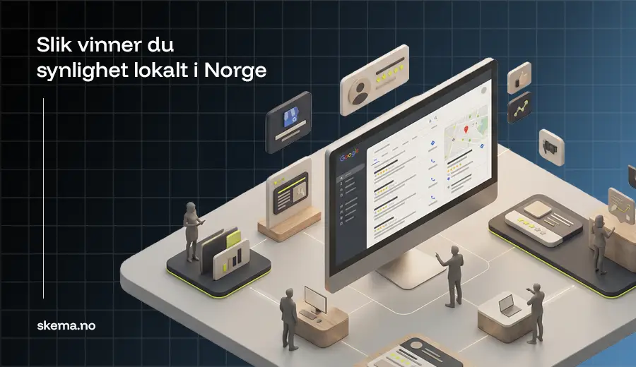 Illustration of a local SEO system in 2026 showing how Norwegian businesses dominate local search results