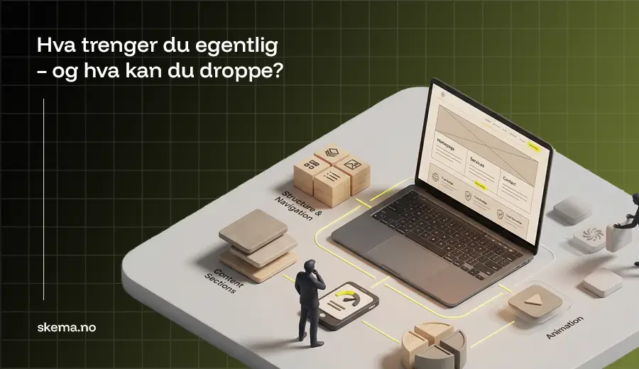 Illustration showing essential versus unnecessary elements of a small business website in 2026