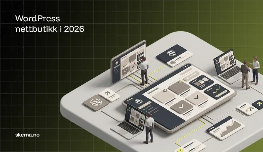 Isometrisk illustrasjon av mennesker som jobber med WordPress nettbutikk, SEO og analyse, med skjermer, ikoner og sammenkoblede systemer på en digital plattform.