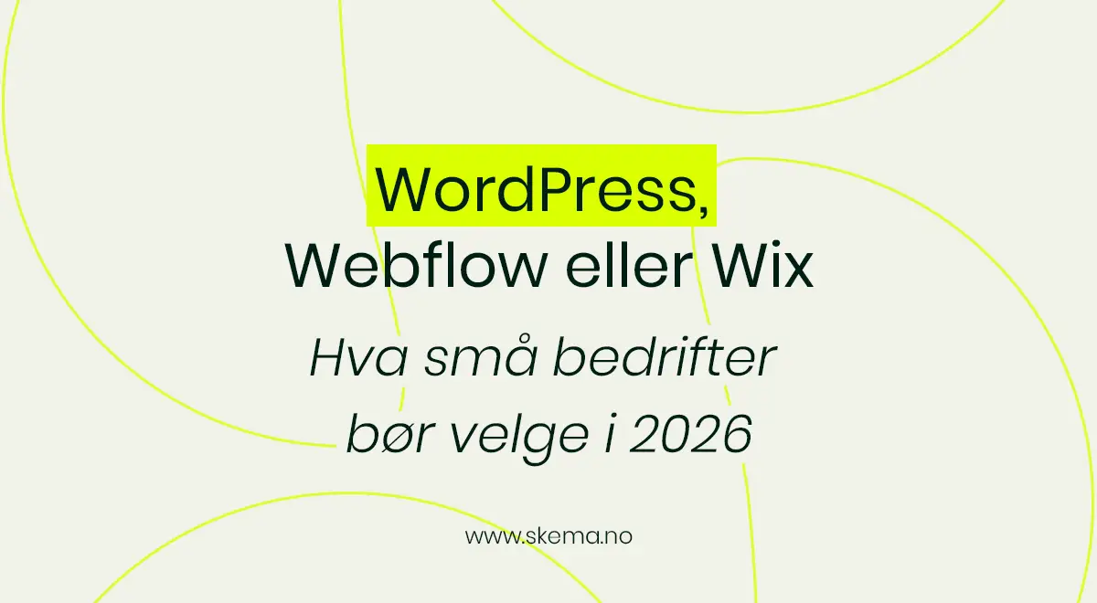 Illustrasjon som sammenligner WordPress, Webflow og Wix som nettsideplattformer for små bedrifter i 2026