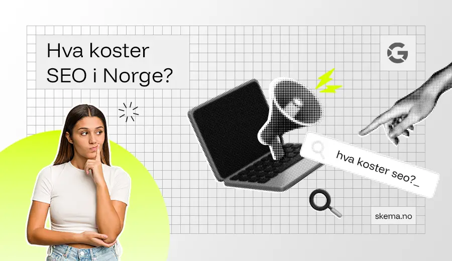 Illustrasjon som viser søk etter hva SEO koster i 2026, med person, forstørrelsesglass og symboler knyttet til pris