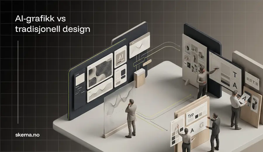 Isometrisk illustrasjon som sammenligner AI-generert grafikk og tradisjonell design i en branding- og strategikontekst for bedrifter.