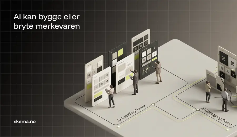 Isometrisk illustrasjon som viser hvordan AI kan gi verdi eller skade merkevaren, avhengig av strategi, kontroll og bruk i branding.