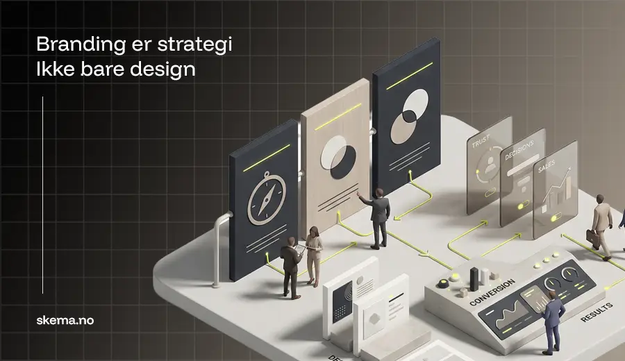 Isometrisk illustrasjon som viser branding som et strategisk system som påvirker tillit, konvertering og salg mer enn design alene.