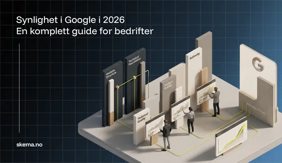 Isometrisk illustrasjon som viser hvordan bedrifter bygger synlighet i Google gjennom struktur, innhold og kvalitet over tid.