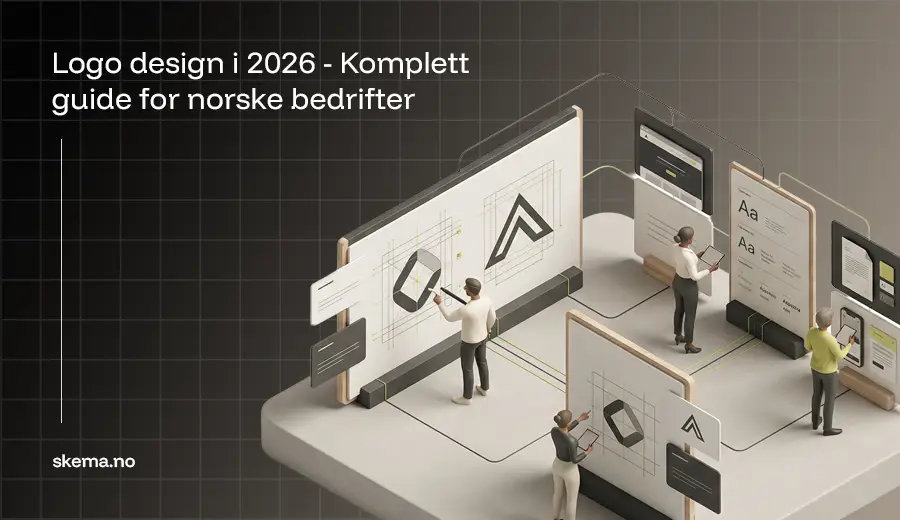 Isometrisk illustrasjon som viser profesjonell logo design som en strukturert prosess med konstruksjon, typografi og bruk i et helhetlig brand-system.