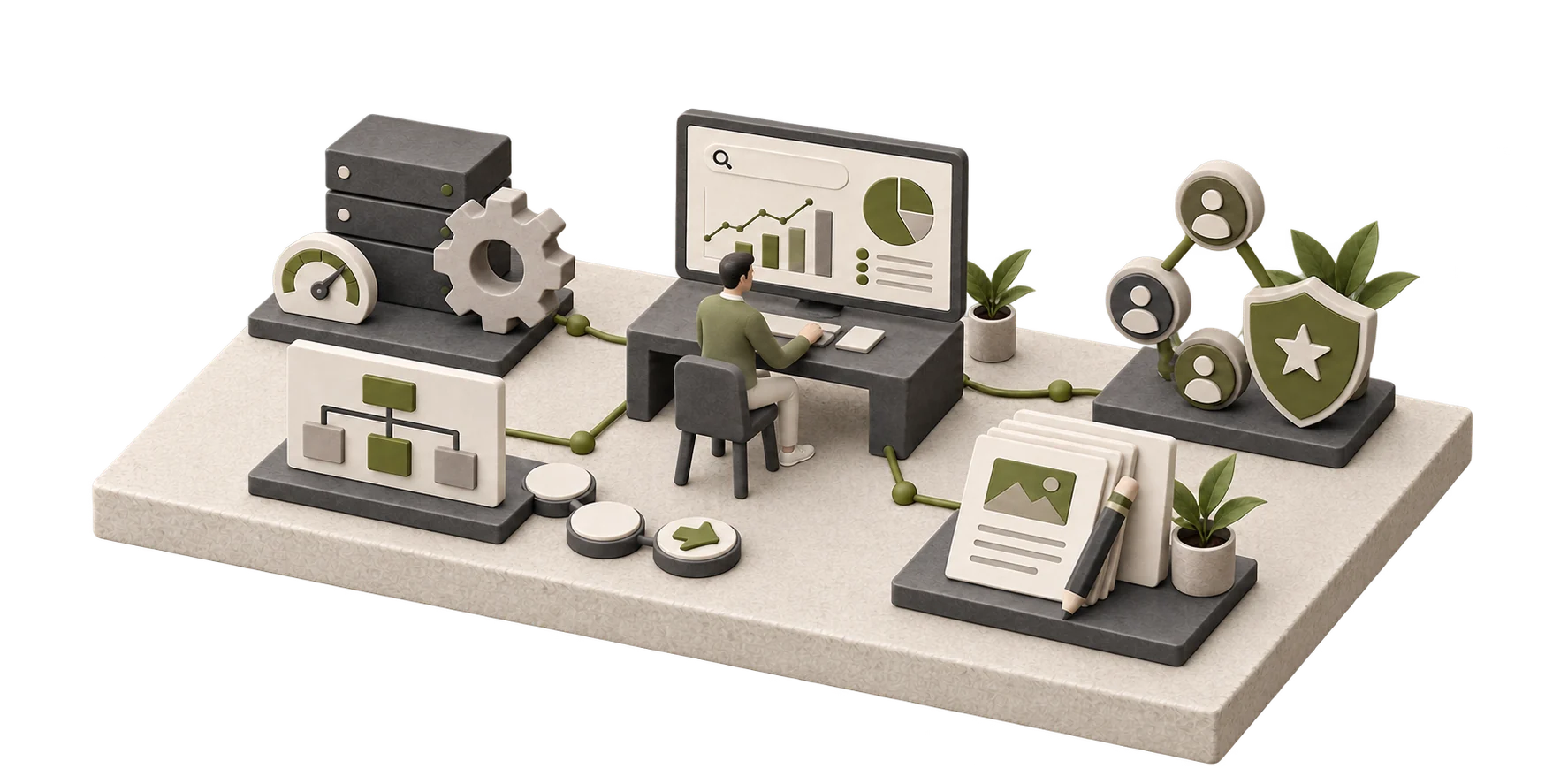 Illustrasjon av SEO-arbeid med analyse, innhold, teknisk kvalitet og autoritet