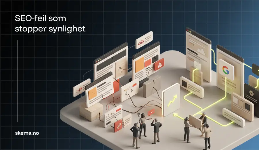 Isometrisk illustrasjon som viser vanlige SEO-feil norske bedrifter gjør og hvordan korrekt struktur gir bedre synlighet i Google.