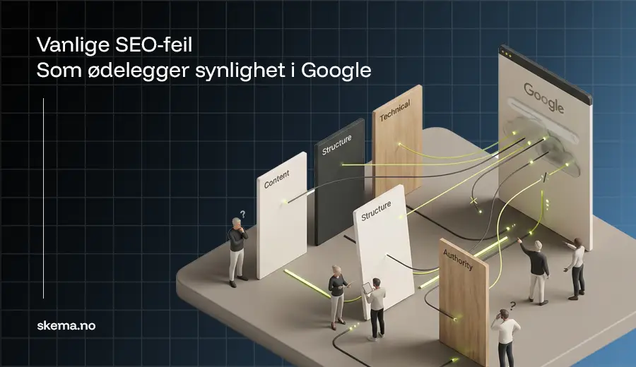 Isometrisk illustrasjon som viser vanlige SEO-feil som skaper uklare signaler til Google og reduserer synlighet i søkeresultater.