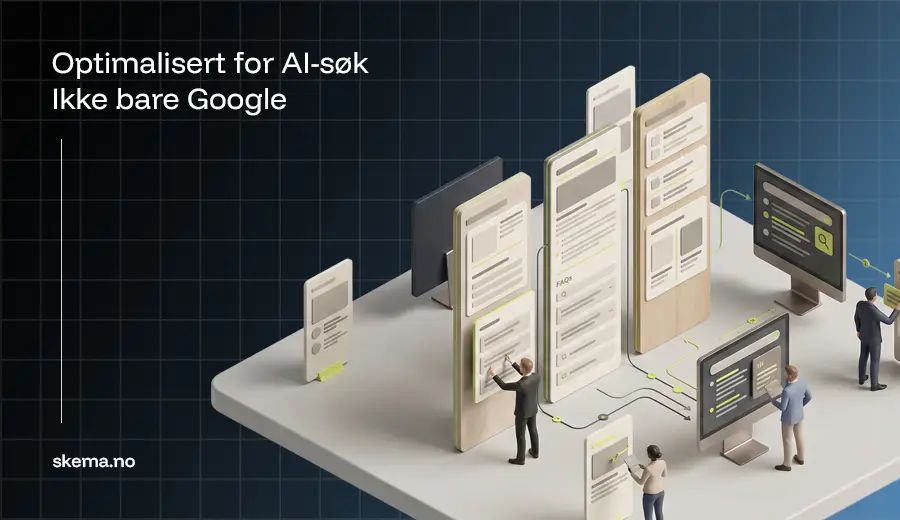 Isometrisk illustrasjon som viser hvordan nettsider struktureres for å bli brukt som kilder i AI-søk som Google, ChatGPT og Perplexity.