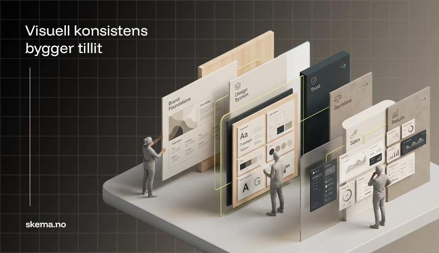 Isometrisk illustrasjon som viser et strukturert designsystem for bedrifter, med visuell konsistens som bygger tillit og styrker merkevaren.