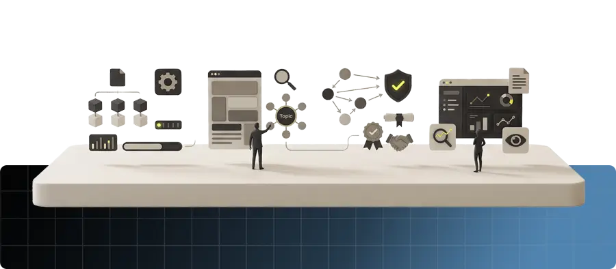 Illustrasjon av hva som bør inngå i profesjonell SEO i 2026: teknisk kvalitet, struktur, innhold, autoritet og løpende oppfølging