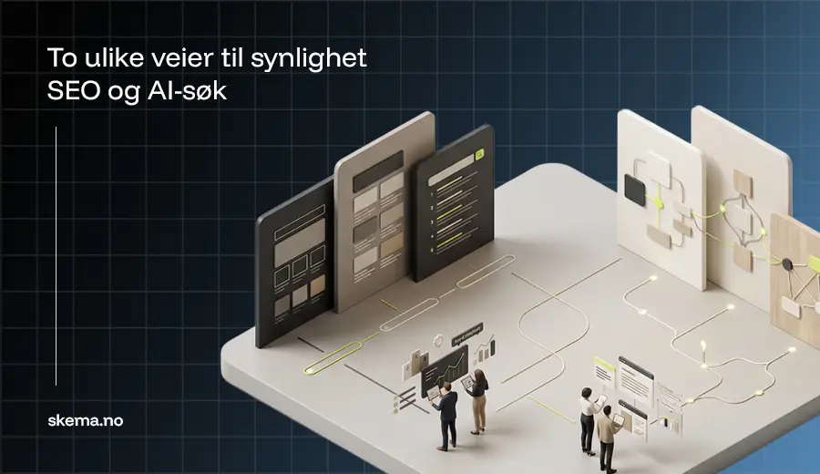 Isometrisk illustrasjon som viser forskjellen mellom tradisjonell SEO og AI-søk, og hvordan begge påvirker digital synlighet og beslutninger.