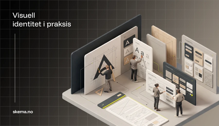 Isometrisk 3D-illustrasjon som viser arbeid med visuell identitet, logo, typografi og designsystem i en strukturert og sammenhengende prosess