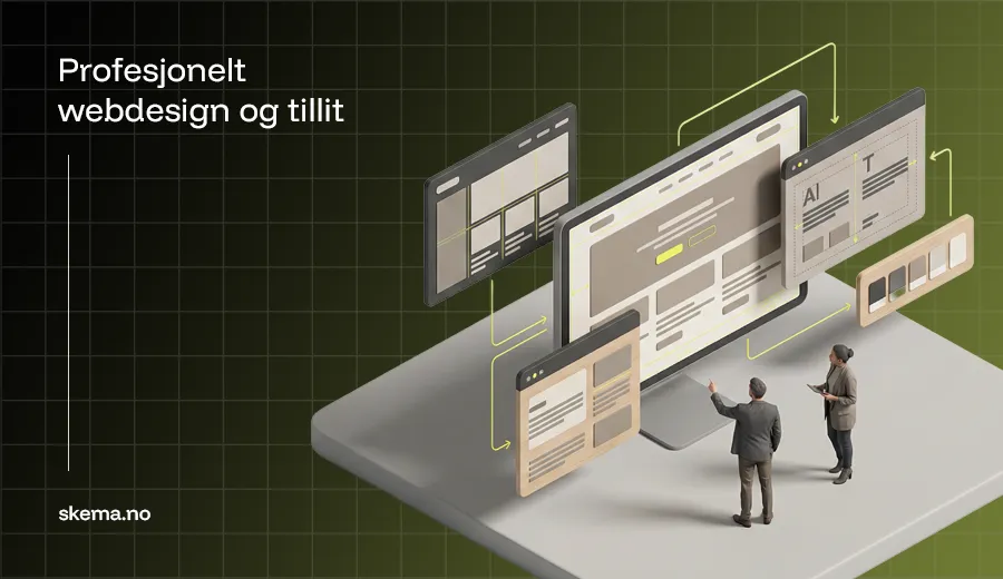 Isometrisk 3D-illustrasjon som viser profesjonelt webdesign med tydelig struktur, visuell hierarki og grensesnitt som bygger tillit hos besøkende