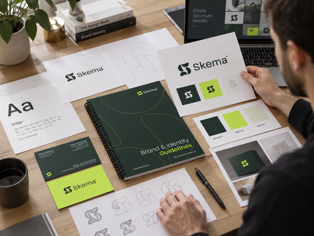 Designer vurderer logo, farger og elementer i en visuell identitet