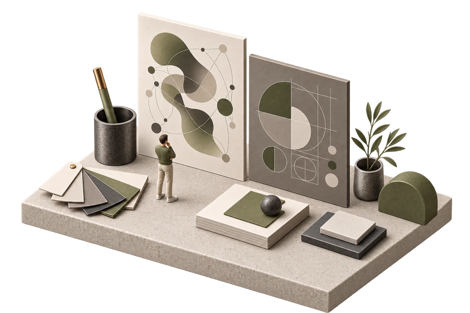 Isometrisk illustrasjon av AI-grafikk og håndverksbasert design.