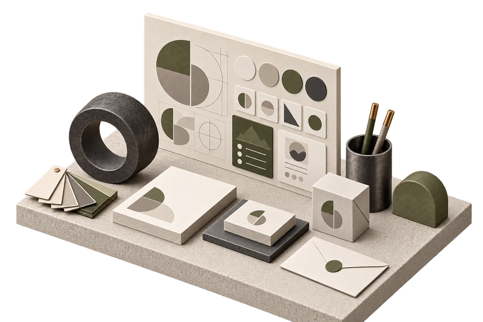 Isometrisk illustrasjon av designsystem, fargeprøver og gjenbrukbare elementer.