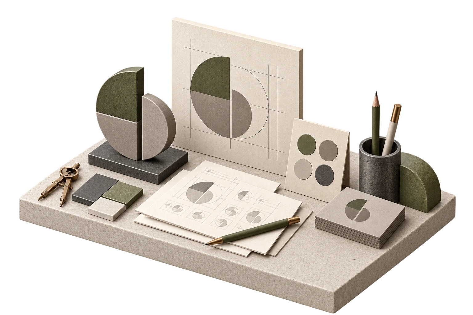 Isometrisk illustrasjon av logodesign, geometri og profilbruk.