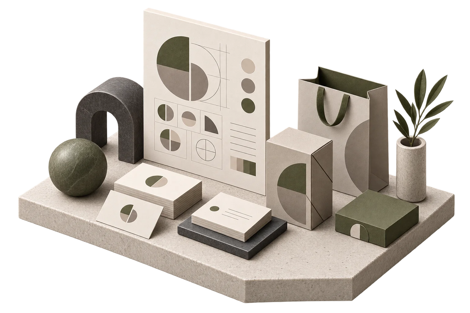 Isometrisk illustrasjon av visuell identitet, farger og profilmateriale.